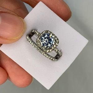 🤍 New Double Silver Ring Diamond Sapphire Wedding Sterling Party